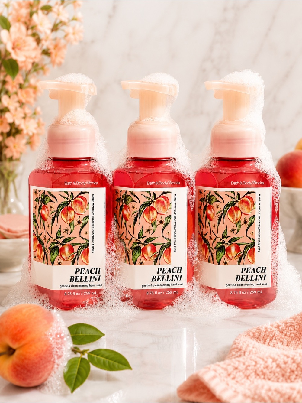 Bath & Body Works Peach Bellini Foaming Hand Soap Lot of 3 New 8.75 oz Amazing - Picture 3 of 5